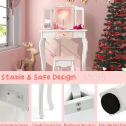 Ensemble de Coiffeuse et Tabouret pour Enfants Miroir Rabattable Tiroir Unique