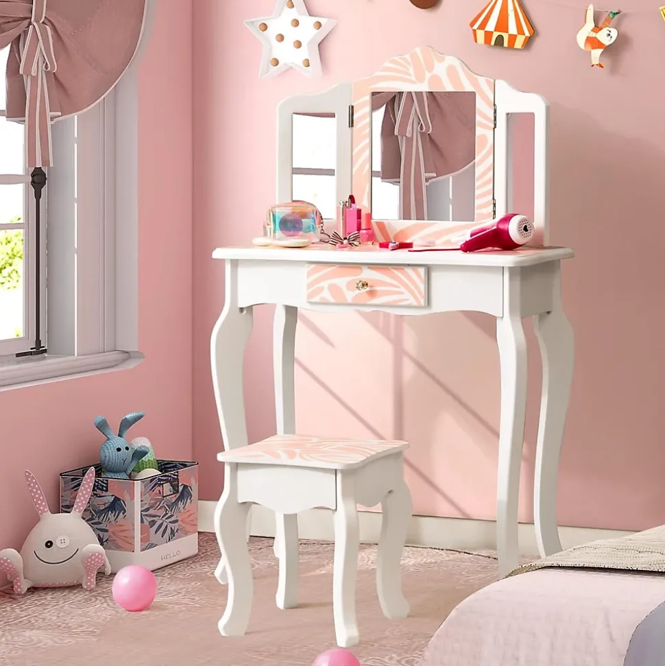 Ensemble de Coiffeuse et Tabouret pour Enfants Miroir Rabattable Tiroir Unique