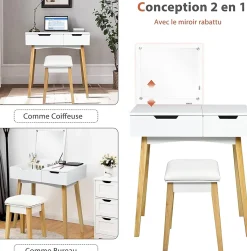 Ensemble de Coiffeuse et Tabouret Table de Maquillage avec Tabouret Rembourre et Miroir Rabattable avec Miroir Rabattable