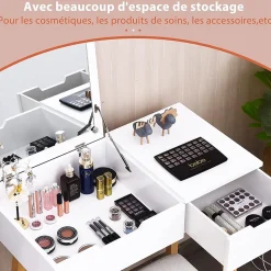 Ensemble de Coiffeuse et Tabouret Table de Maquillage avec Tabouret Rembourre et Miroir Rabattable avec Miroir Rabattable