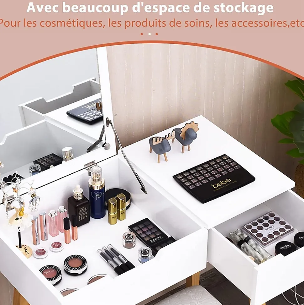 Ensemble de Coiffeuse et Tabouret Table de Maquillage avec Tabouret Rembourre et Miroir Rabattable avec Miroir Rabattable