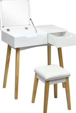 Ensemble de Coiffeuse et Tabouret Table de Maquillage avec Tabouret Rembourre et Miroir Rabattable avec Miroir Rabattable
