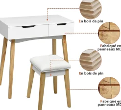 Ensemble de Coiffeuse et Tabouret Table de Maquillage avec Tabouret Rembourre et Miroir Rabattable avec Miroir Rabattable