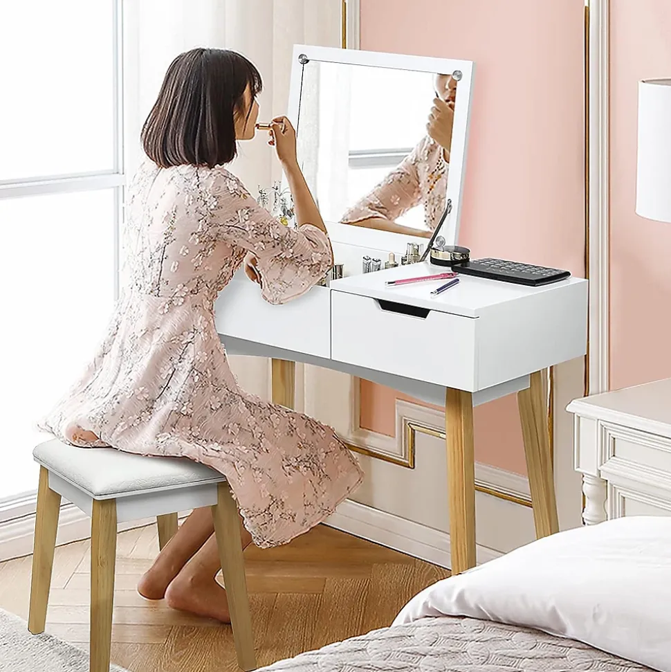Ensemble de Coiffeuse et Tabouret Table de Maquillage avec Tabouret Rembourre et Miroir Rabattable avec Miroir Rabattable