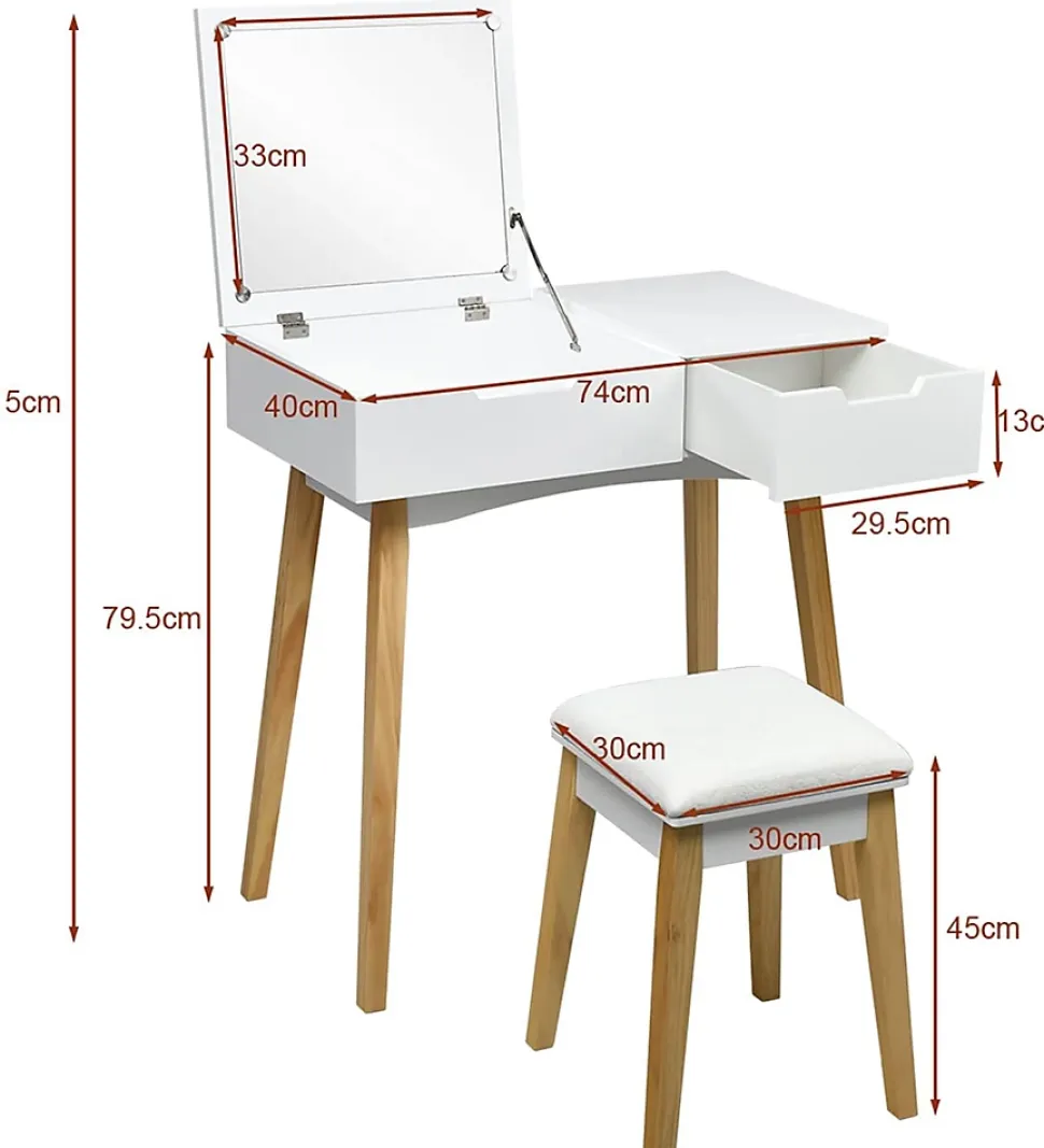 Ensemble de Coiffeuse et Tabouret Table de Maquillage avec Tabouret Rembourre et Miroir Rabattable avec Miroir Rabattable