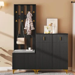 Ensemble de dressing avec banc, coussin, crochets, armoire à chaussures avec tiroirs et portes