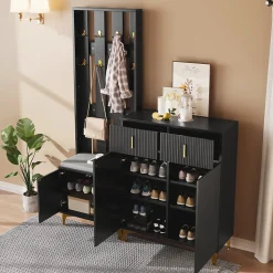 Ensemble De Garde-robe Avec Banc à Chaussures Et Tapis, Crochets Et Meuble à Chaussures, Noir