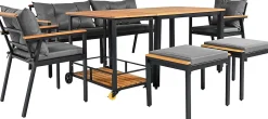 Ensemble de jardin 7 pièces, table en verre trempé, chaises en bois d'acacia, coussins amovibles