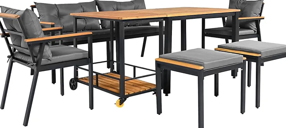 Ensemble de jardin 7 pièces, table en verre trempé, chaises en bois d'acacia, coussins amovibles