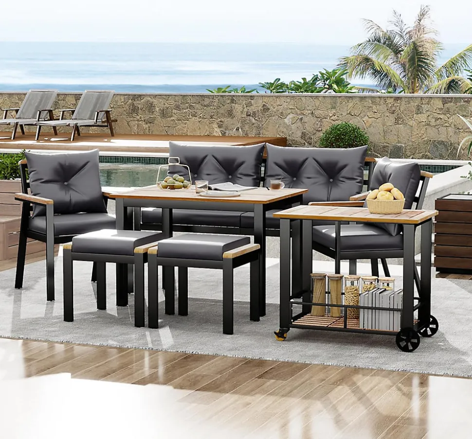 Ensemble de jardin 7 pièces, table en verre trempé, chaises en bois d'acacia, coussins amovibles