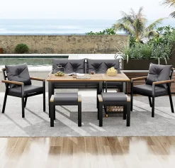 Ensemble de jardin 7 pièces, table en verre trempé, chaises en bois d'acacia, coussins amovibles