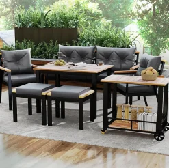 Ensemble de jardin 7 pièces, table en verre trempé, chaises en bois d'acacia, coussins amovibles