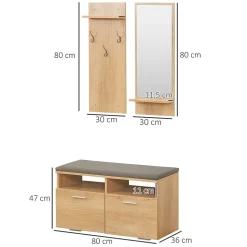 Ensemble de meuble d'entrée - vestiaire d'entrée 3 en 1 - miroir, porte-manteau, banc à chaussures - aspect bois clair gris