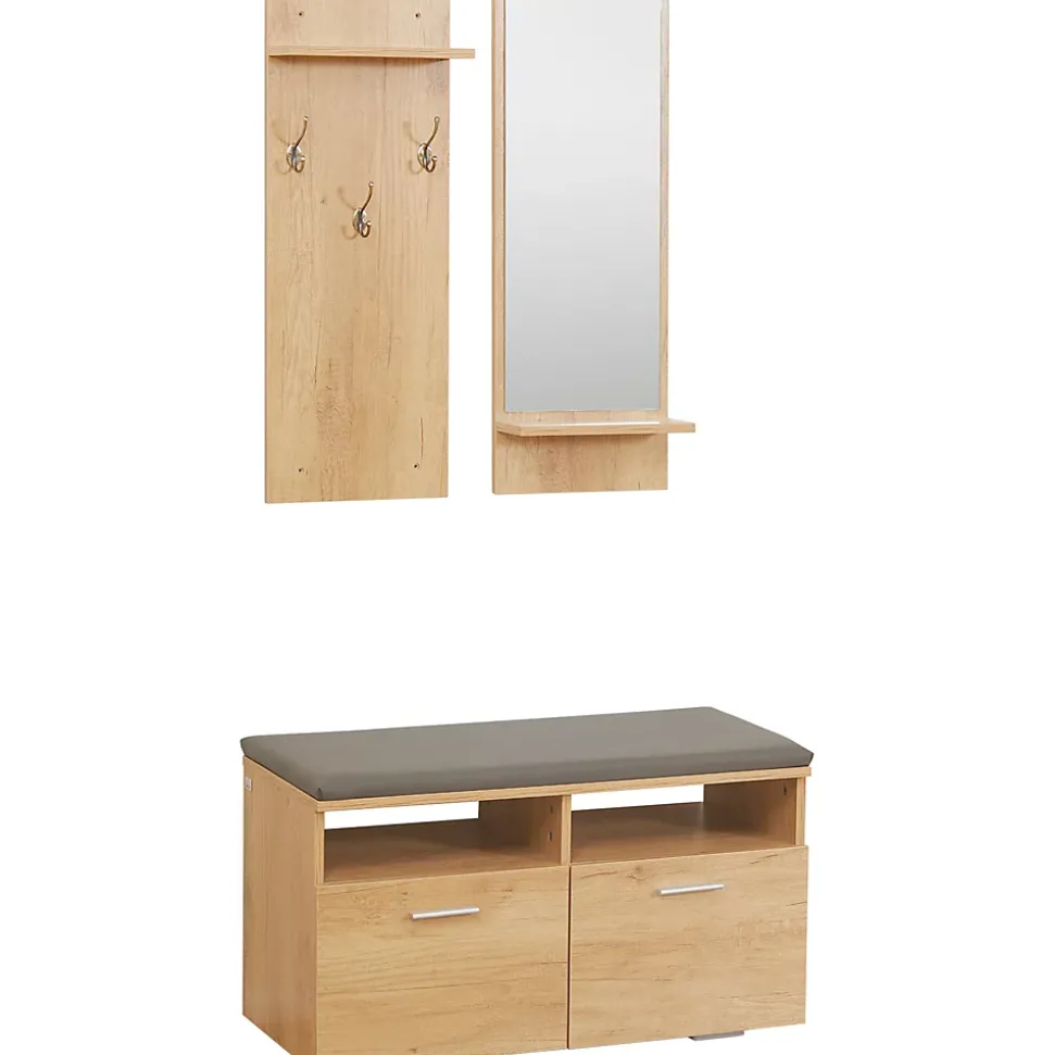 Ensemble de meuble d'entrée - vestiaire d'entrée 3 en 1 - miroir, porte-manteau, banc à chaussures - aspect bois clair gris