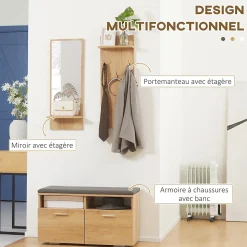 Ensemble de meuble d'entrée - vestiaire d'entrée 3 en 1 - miroir, porte-manteau, banc à chaussures - aspect bois clair gris