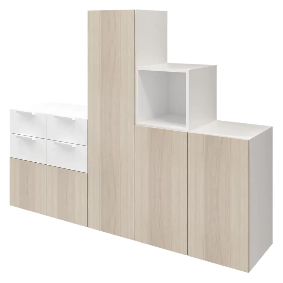 Ensemble de meubles de rangement portes battantes et tiroirs blancs et effet chêne GoodHome Atomia H. 150 x L. 187,5 x P. 47 cm