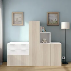 Ensemble de meubles de rangement portes battantes et tiroirs blancs et effet chêne GoodHome Atomia H. 150 x L. 187,5 x P. 47 cm