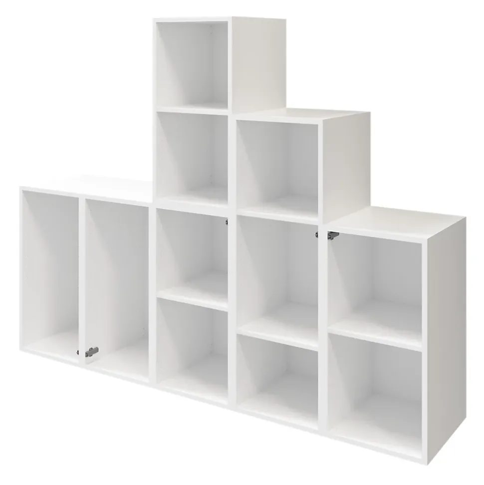 Ensemble de meubles de rangement portes battantes et tiroirs blancs et effet chêne GoodHome Atomia H. 150 x L. 187,5 x P. 47 cm