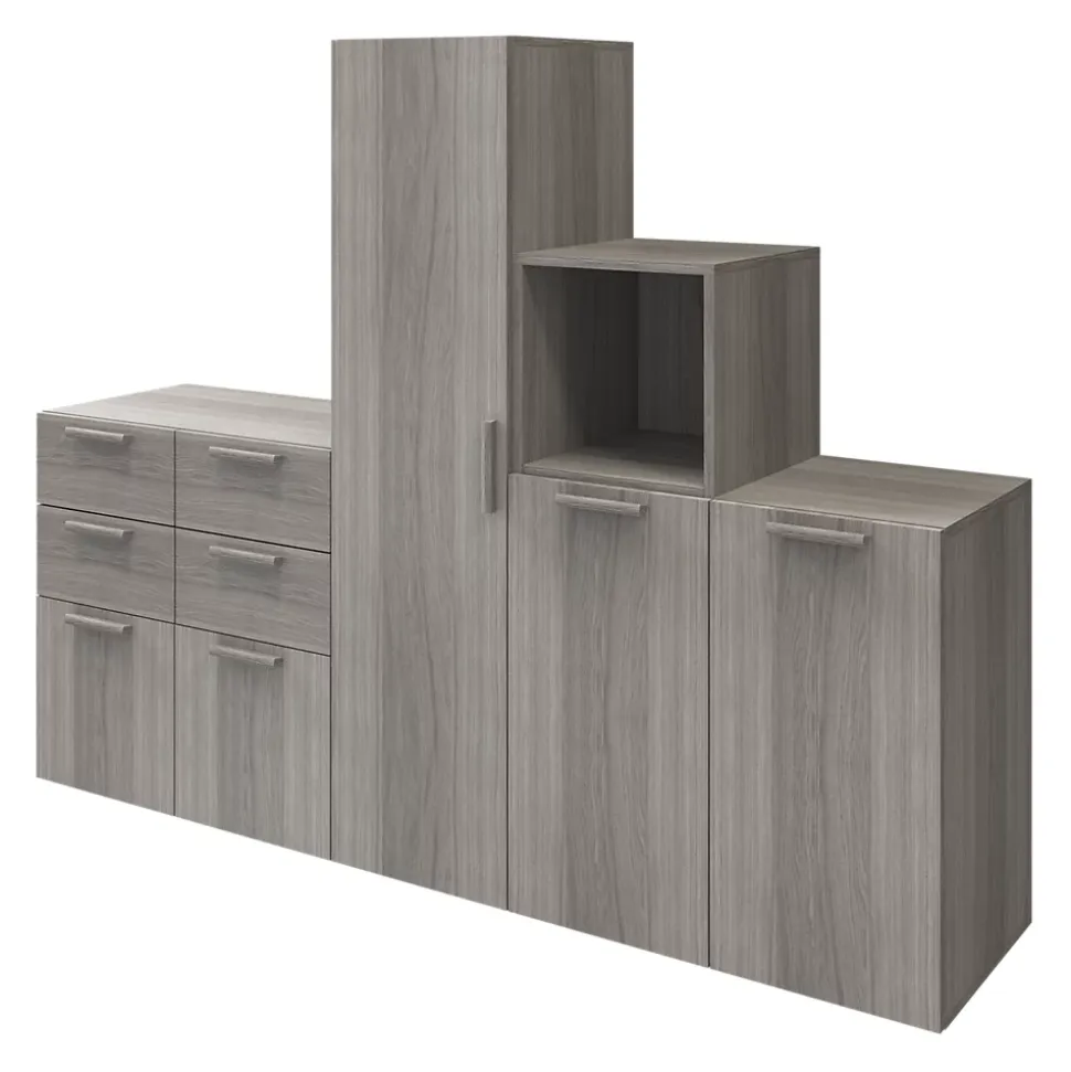 Ensemble de meubles de rangement portes battantes et tiroirs effet chêne grisé GoodHome Atomia H. 150 x L. 187,5 x P. 47 cm