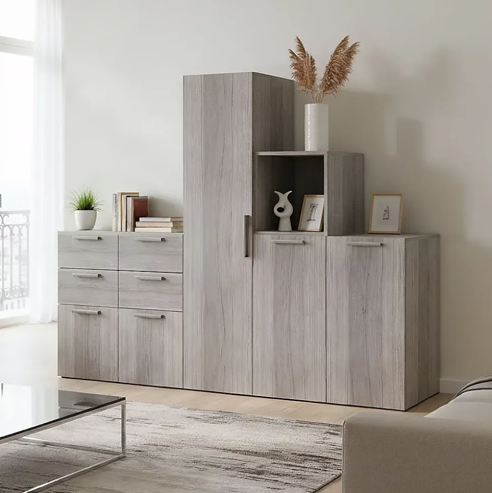 Ensemble de meubles de rangement portes battantes et tiroirs effet chêne grisé GoodHome Atomia H. 150 x L. 187,5 x P. 47 cm