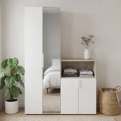 Ensemble de meubles de rangement effet chêne portes battantes miroir et blanches GoodHome Atomia H. 225 x L. 150 x P. 47 cm