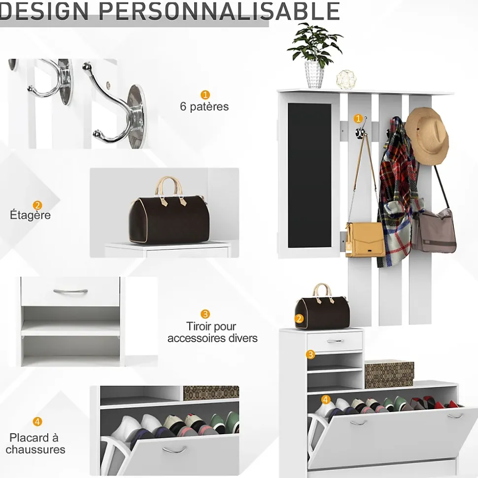 Ensemble de meubles d'entrée design contemporain : meuble chaussures, miroir et panneau porte-manteau panneaux de particules blanc