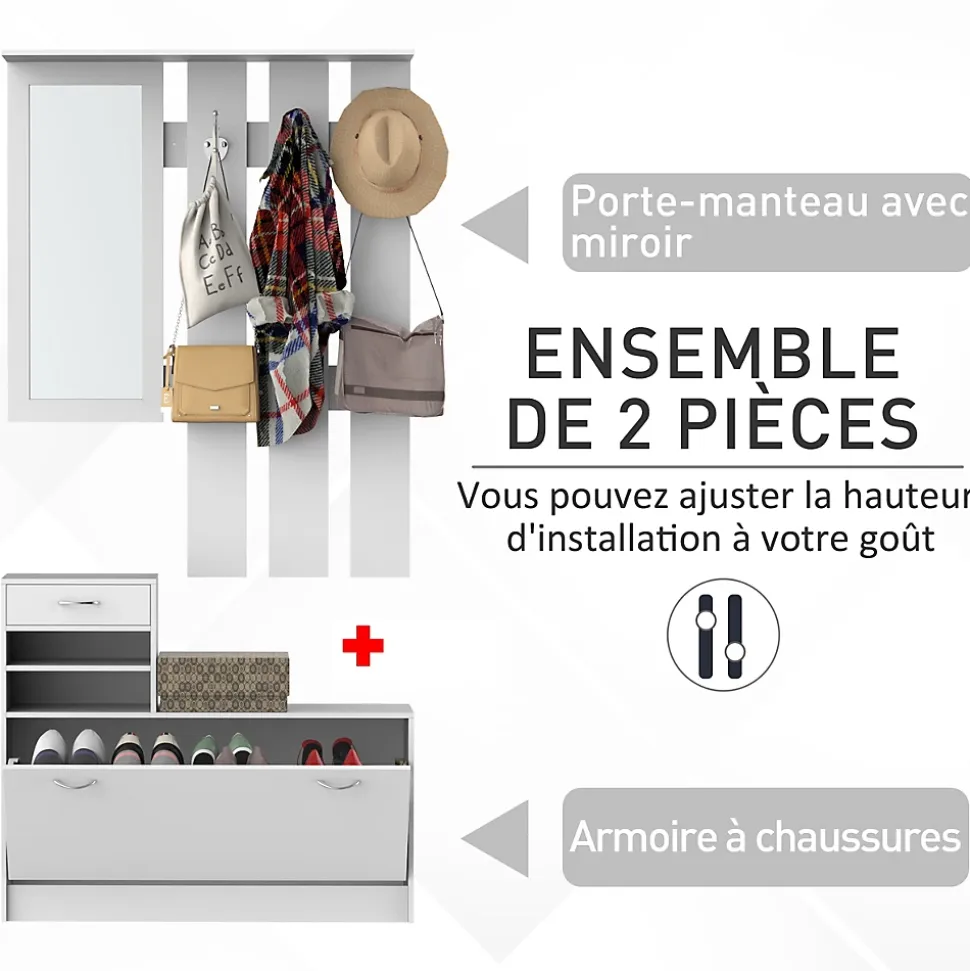 Ensemble de meubles d'entrée design contemporain : meuble chaussures, miroir et panneau porte-manteau panneaux de particules blanc