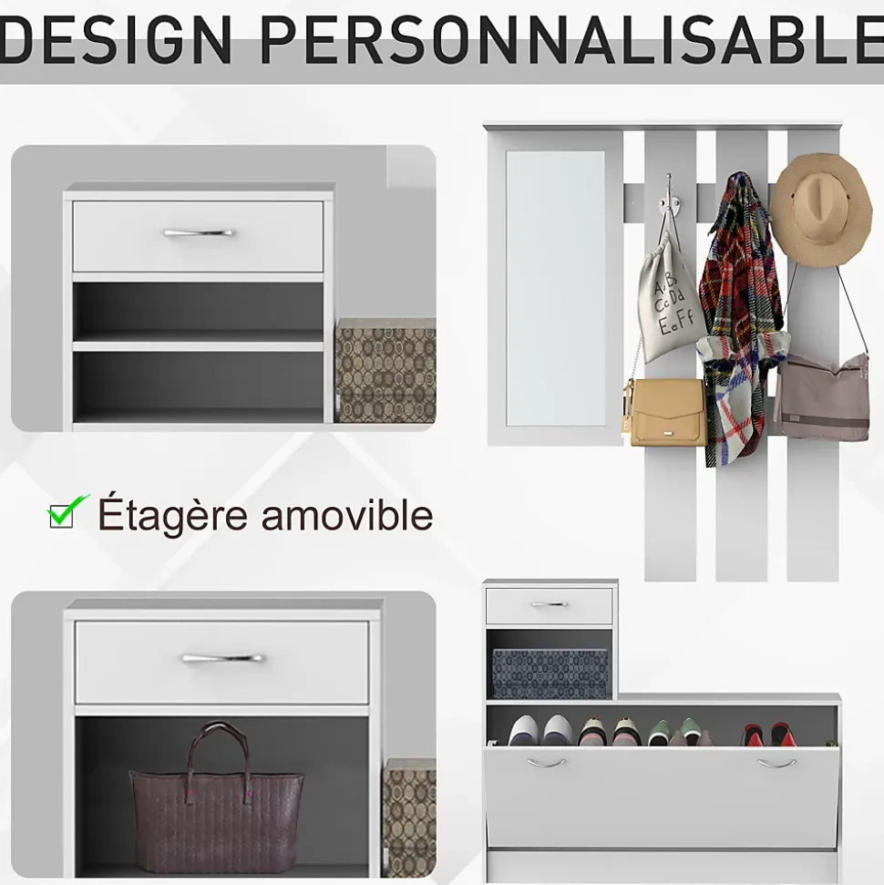 Ensemble de meubles d'entrée design contemporain : meuble chaussures, miroir et panneau porte-manteau panneaux de particules blanc