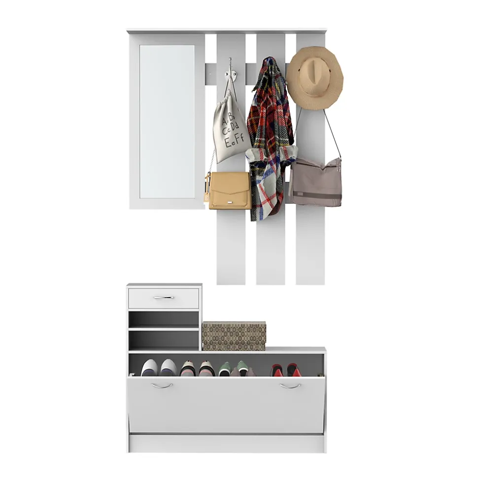 Ensemble de meubles d'entrée design contemporain : meuble chaussures, miroir et panneau porte-manteau panneaux de particules blanc