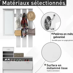 Ensemble de meubles d'entrée design contemporain : meuble chaussures, miroir et panneau porte-manteau panneaux de particules blanc