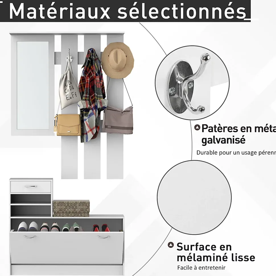 Ensemble de meubles d'entrée design contemporain : meuble chaussures, miroir et panneau porte-manteau panneaux de particules blanc