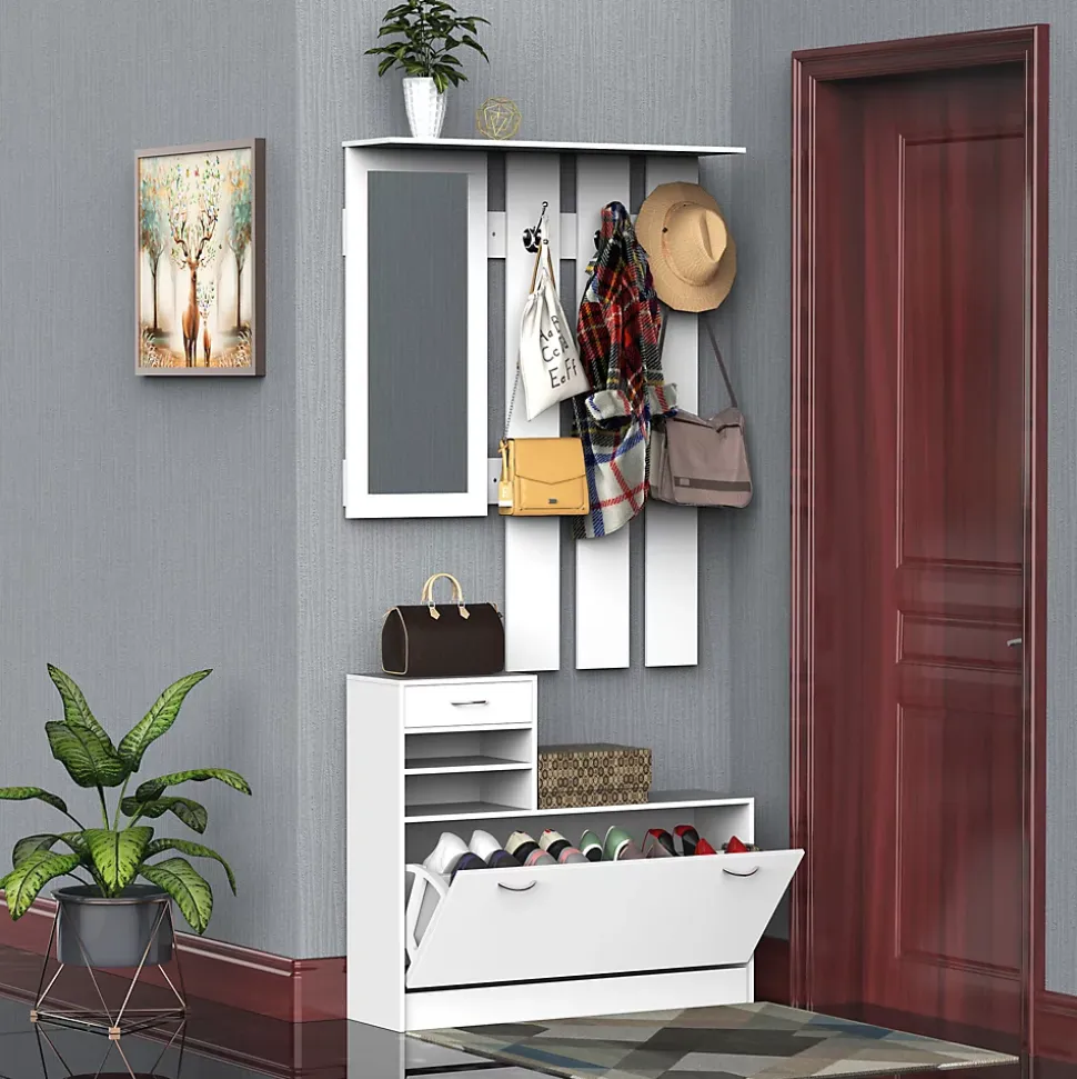 Ensemble de meubles d'entrée design contemporain : meuble chaussures, miroir et panneau porte-manteau panneaux de particules blanc