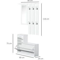 Ensemble de meubles d'entrée design contemporain : meuble chaussures, miroir et panneau porte-manteau panneaux de particules blanc
