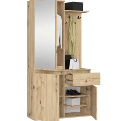 Ensemble de meubles d'entrée ENTRO Chêne Artisan avec armoire et miroir 95 cm 3 portes 1 tiroir 7 étagères 95x35x183 cm
