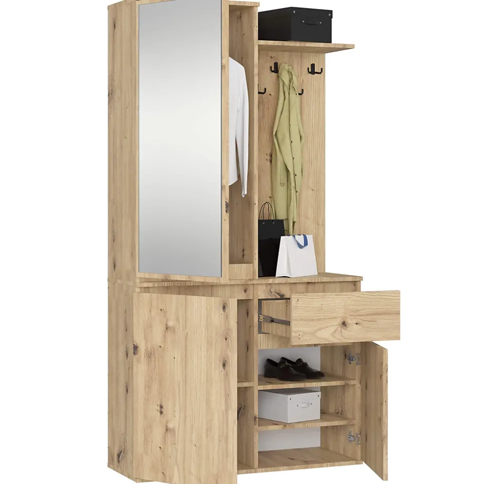 Ensemble de meubles d'entrée ENTRO Chêne Artisan avec armoire et miroir 95 cm 3 portes 1 tiroir 7 étagères 95x35x183 cm