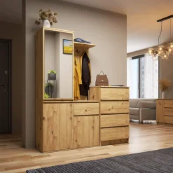 Ensemble de meubles d'entrée ENTRO Chêne Artisan avec armoire et miroir 95 cm 3 portes 1 tiroir 7 étagères 95x35x183 cm