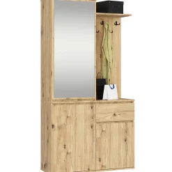 Ensemble de meubles d'entrée ENTRO Chêne Artisan avec armoire et miroir 95 cm 3 portes 1 tiroir 7 étagères 95x35x183 cm