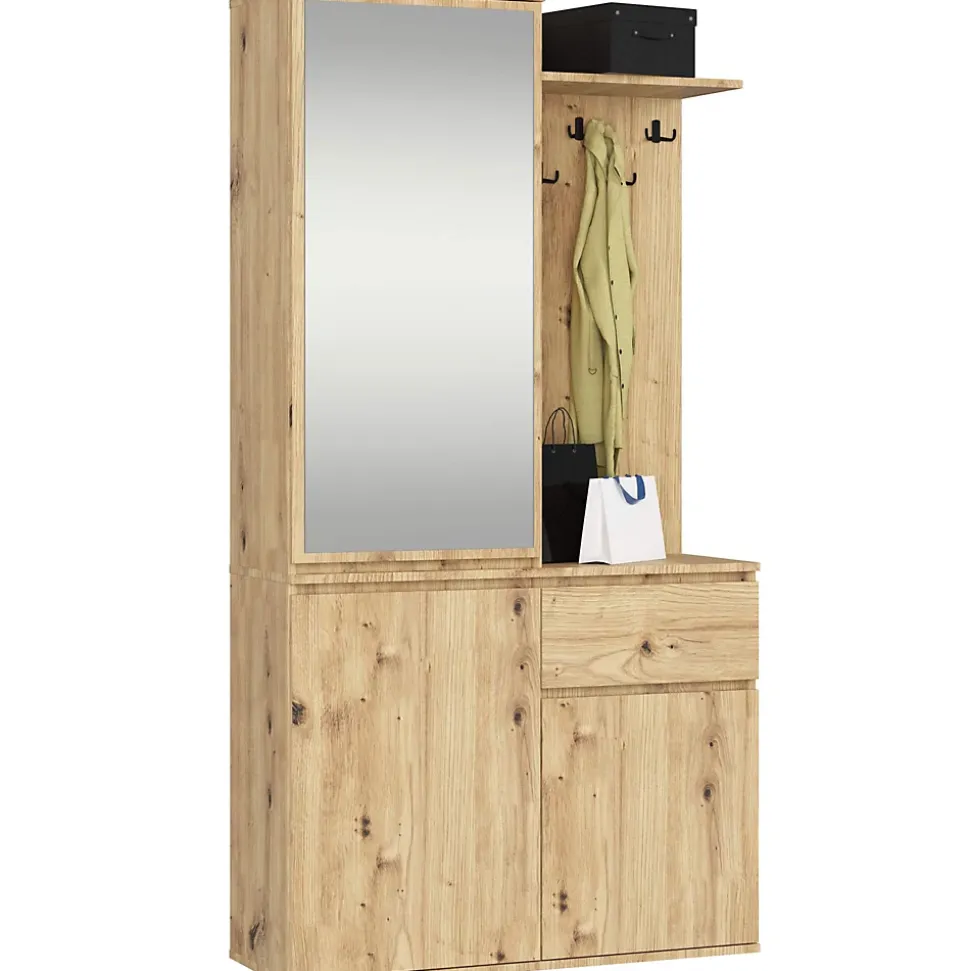 Ensemble de meubles d'entrée ENTRO Chêne Artisan avec armoire et miroir 95 cm 3 portes 1 tiroir 7 étagères 95x35x183 cm