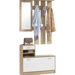 Ensemble de meubles d'entrée design contemporain blanc effet bois clair