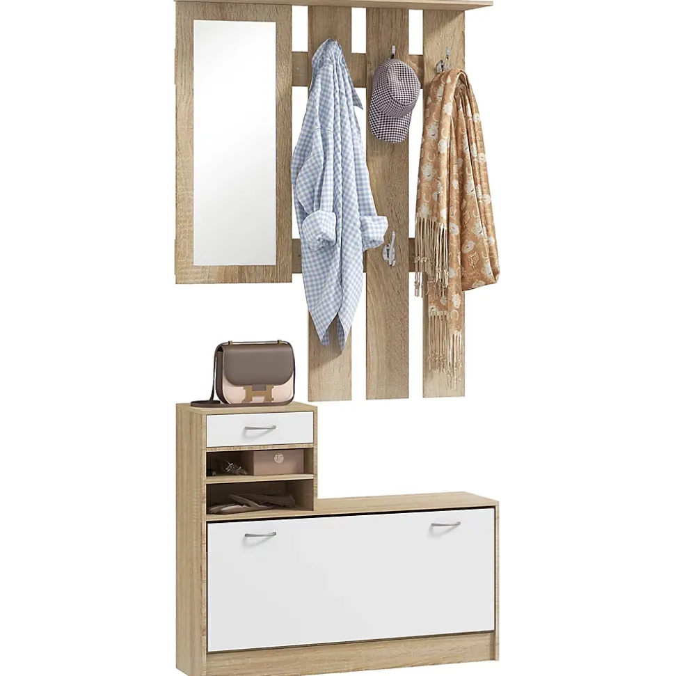 Ensemble de meubles d'entrée design contemporain blanc effet bois clair