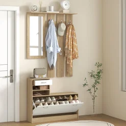 Ensemble de meubles d'entrée design contemporain blanc effet bois clair