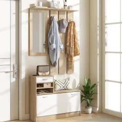 Ensemble de meubles d'entrée design contemporain blanc effet bois clair