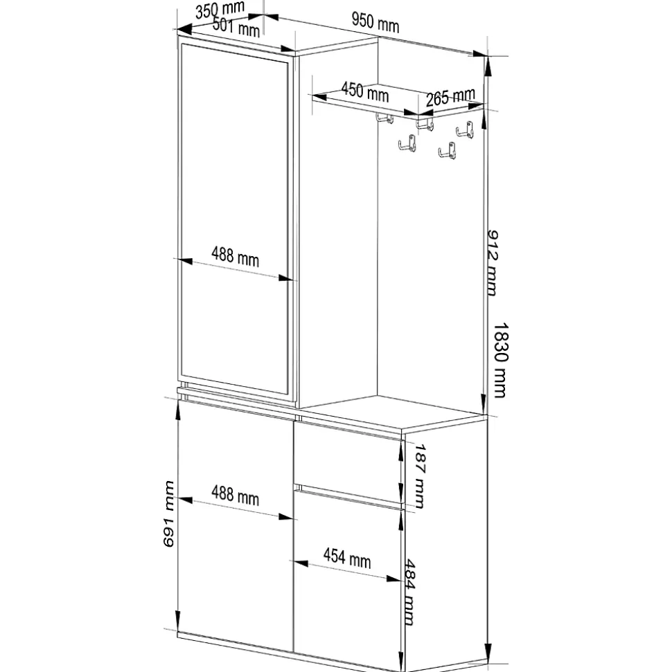 Ensemble de meubles d'entrée ENTRO Chêne Sonoma avec armoire et miroir 95 cm 3 portes 1 tiroir 7 étagères 95x35x183 cm