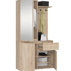 Ensemble de meubles d'entrée ENTRO Chêne Sonoma avec armoire et miroir 95 cm 3 portes 1 tiroir 7 étagères 95x35x183 cm
