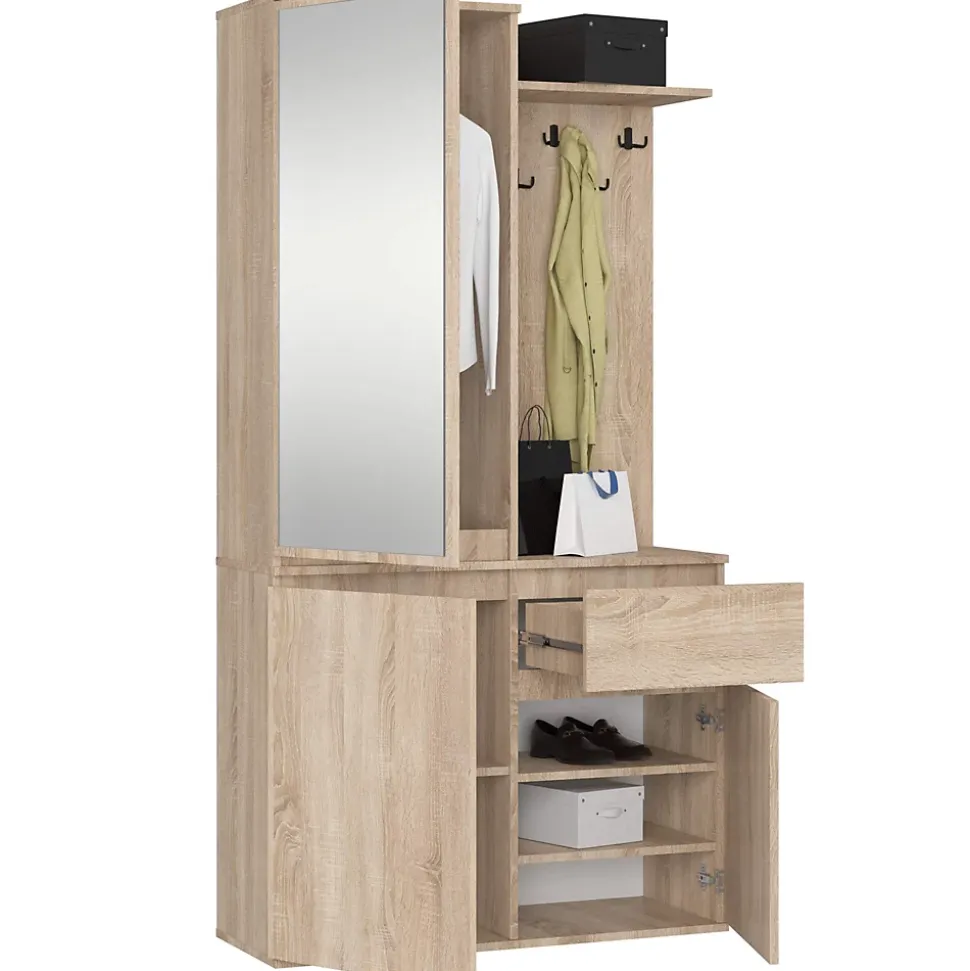 Ensemble de meubles d'entrée ENTRO Chêne Sonoma avec armoire et miroir 95 cm 3 portes 1 tiroir 7 étagères 95x35x183 cm
