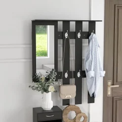 Ensemble de meubles d'entrée design contemporain : meuble chaussures, miroir et panneau porte-manteau panneaux de particules noir