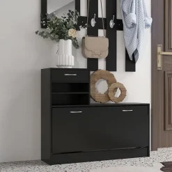 Ensemble de meubles d'entrée design contemporain : meuble chaussures, miroir et panneau porte-manteau panneaux de particules noir