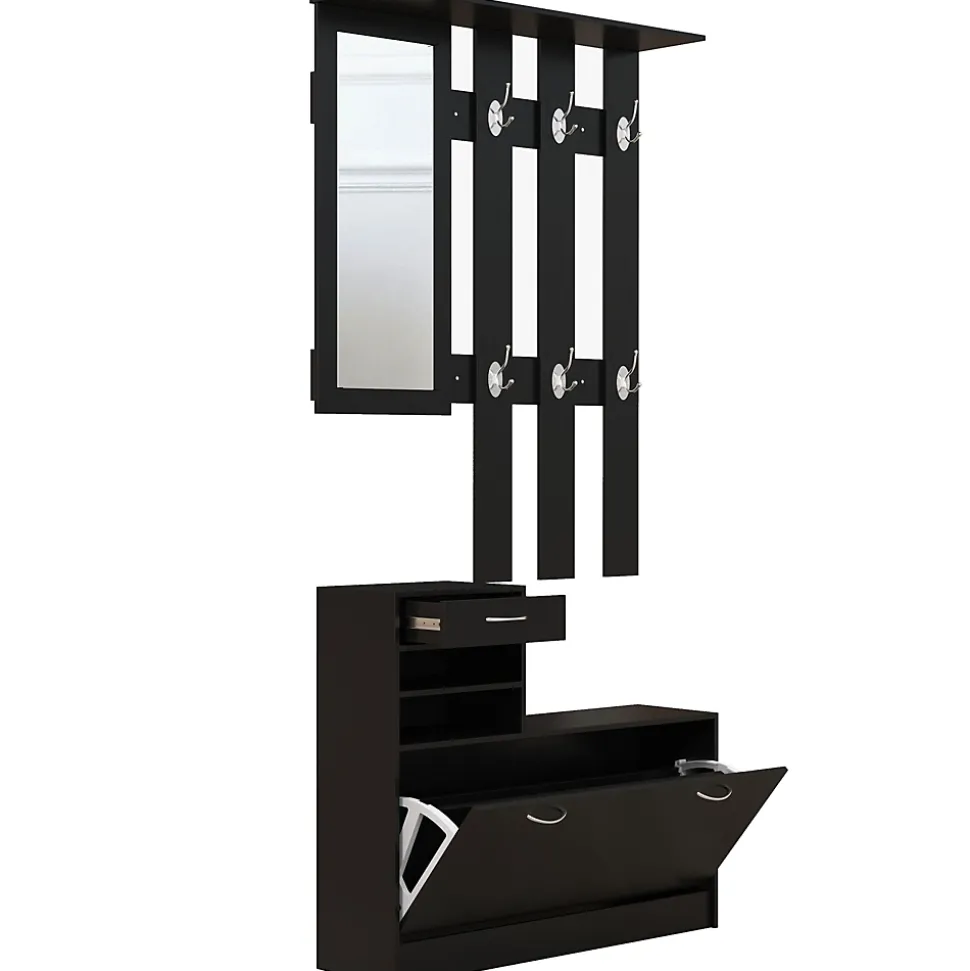 Ensemble de meubles d'entrée design contemporain : meuble chaussures, miroir et panneau porte-manteau panneaux de particules noir
