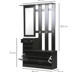 Ensemble de meubles d'entrée design contemporain : meuble chaussures, miroir et panneau porte-manteau panneaux de particules noir