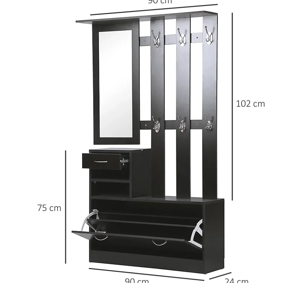 Ensemble de meubles d'entrée design contemporain : meuble chaussures, miroir et panneau porte-manteau panneaux de particules noir